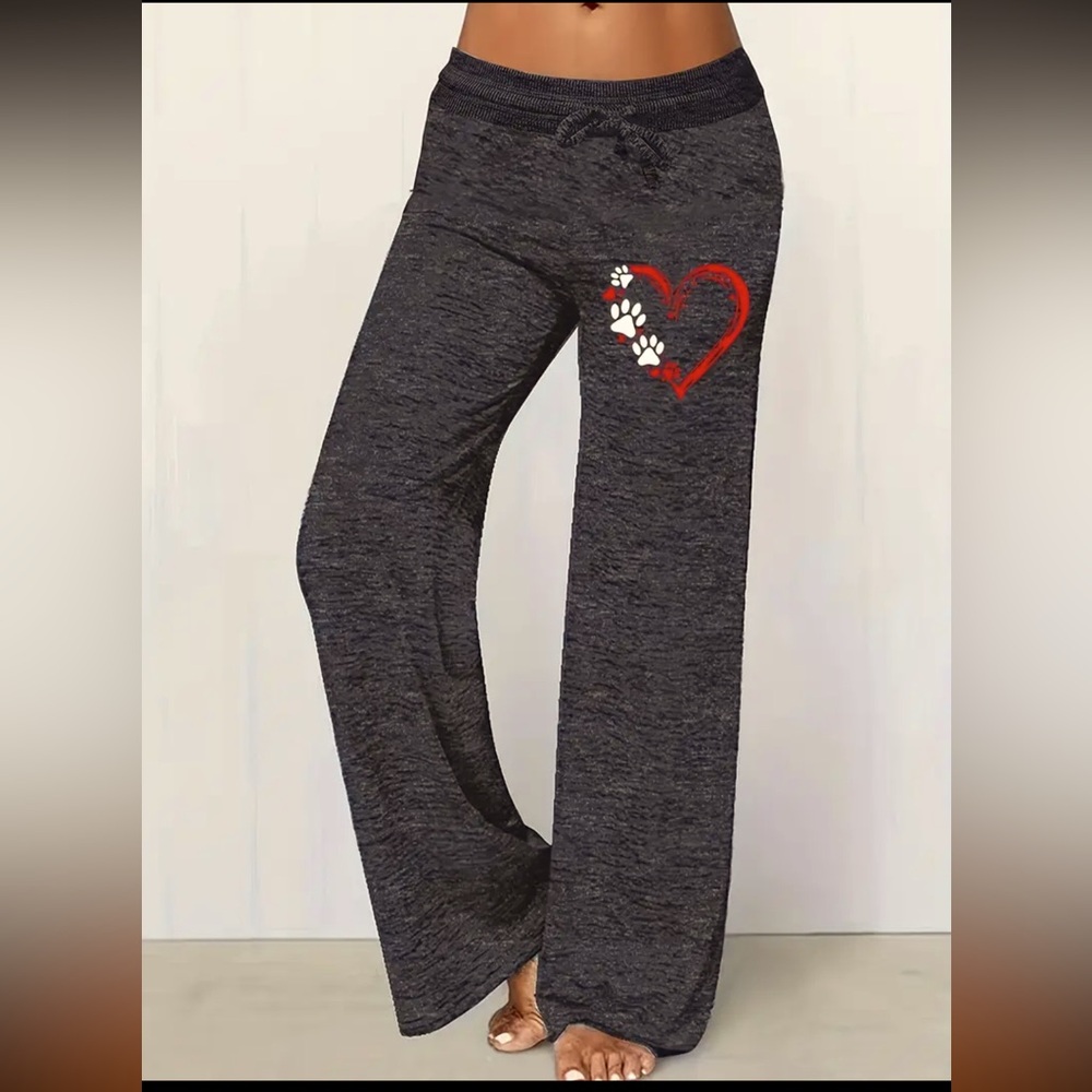 🔴 FINAL MARK ⬇️ - Heart & Paw Print Drawstring Pants, Casual Wide Leg Pants